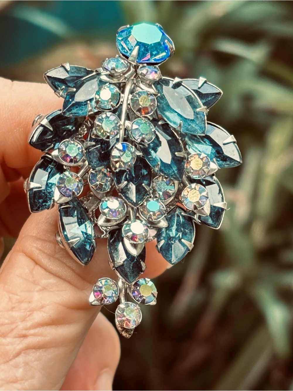 Blue Rhinestone & AB Leaf Cluster Brooch